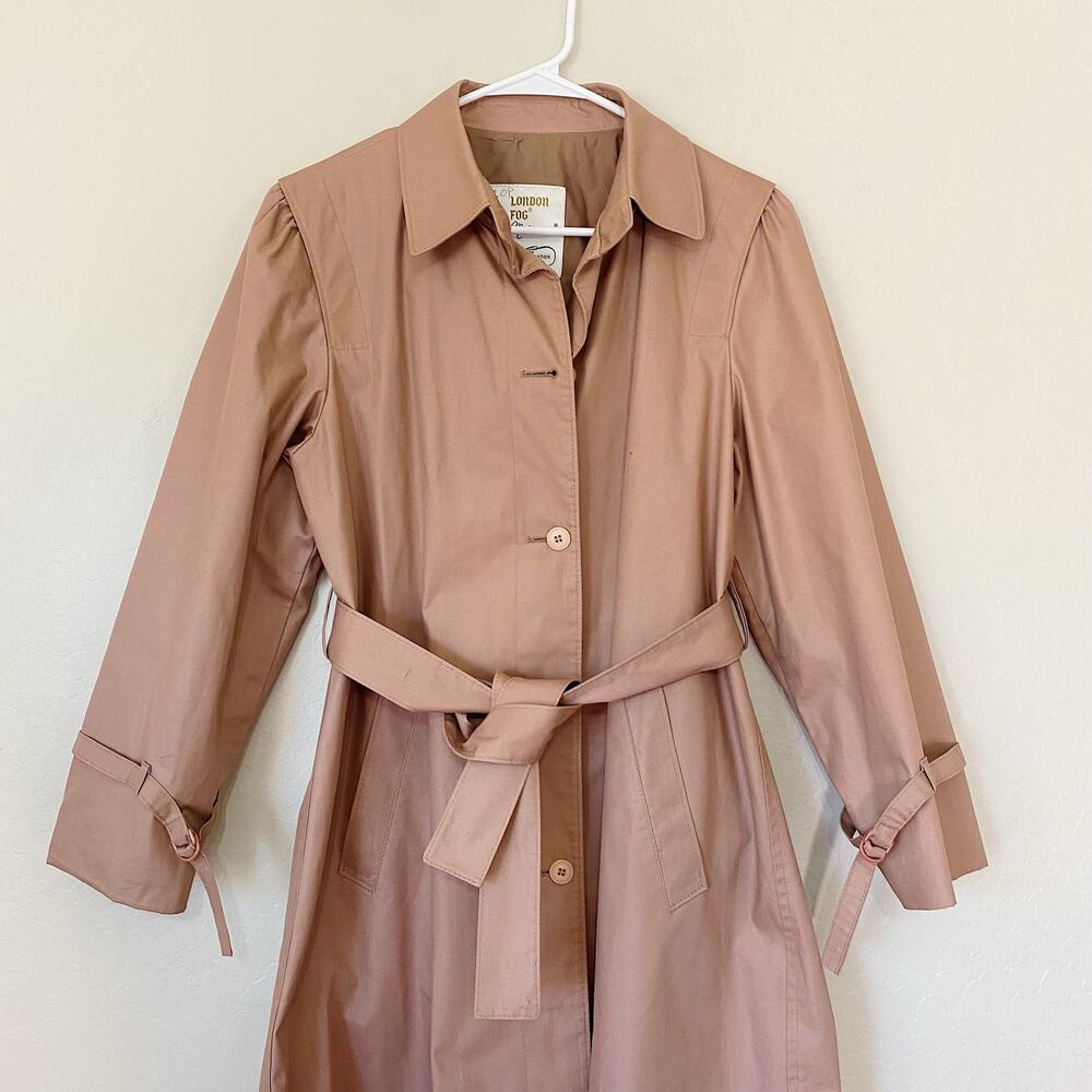 Vintage London Fog Pink Cotton Blend Belted Trench Coat Pea Coat Size 8P - Picture 3 of 7